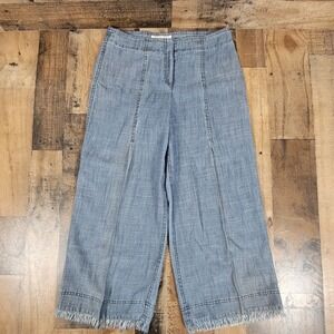 Trina‎ Turk Womens 4 Wide Leg Crop Blue Chambray Pants Linen Blend Frayed Hem